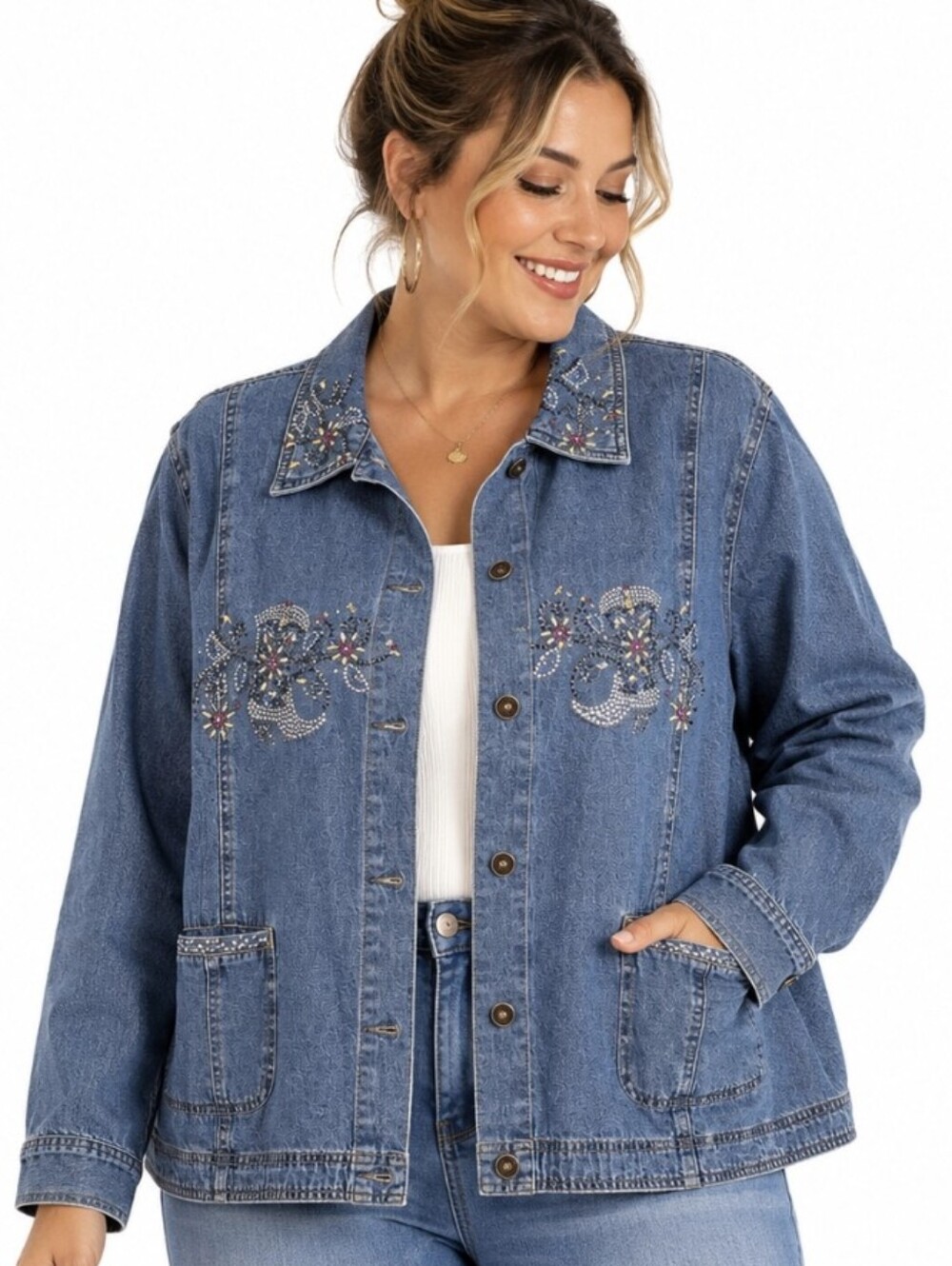 Women’s 1X Rhinestone Embellished Denim Jacket Western Cowgirl